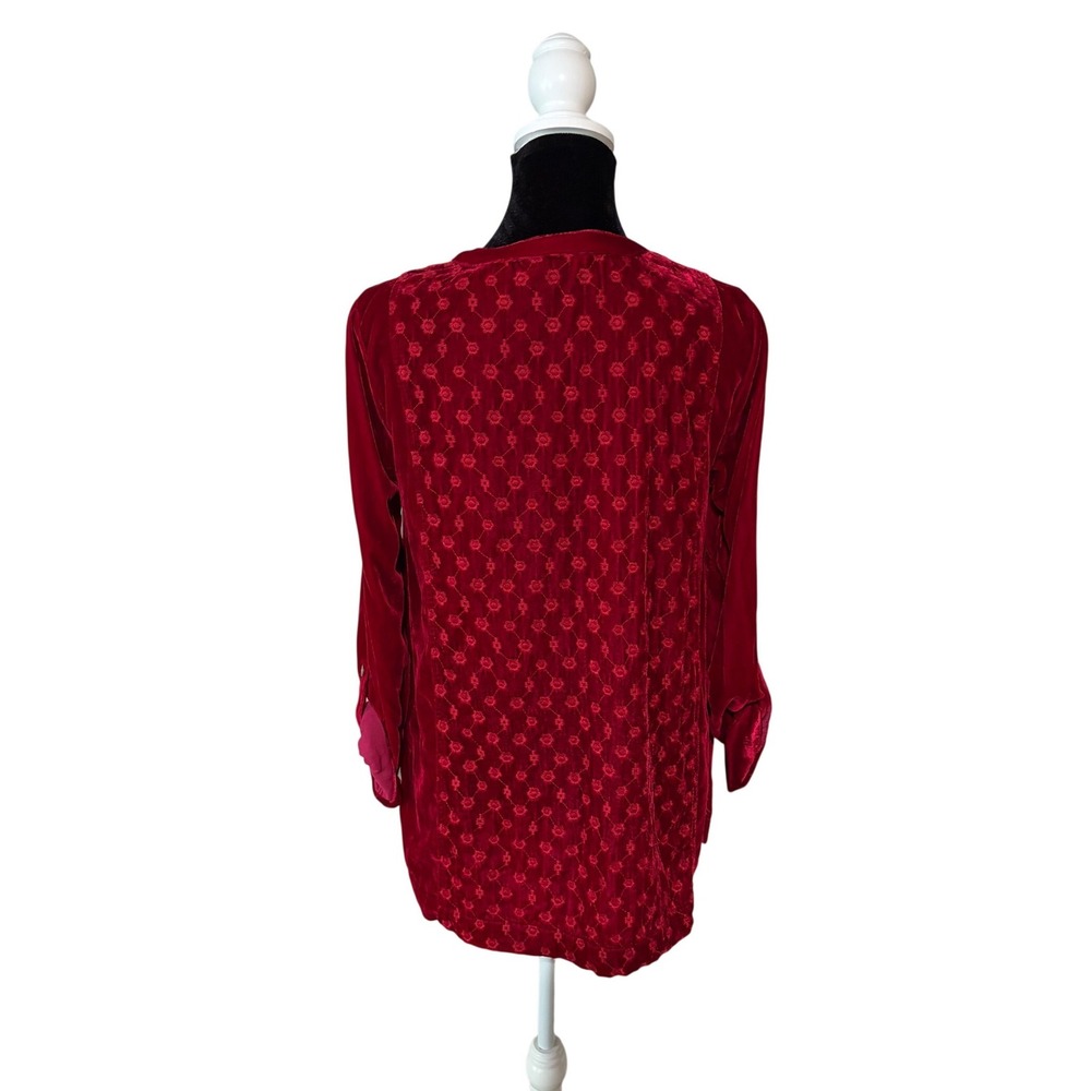 John Mark Red Velvet Embroidered Tunic Top Sm Roll Tab Sleeve Boho Boutique NWT - Picture 3 of 9
